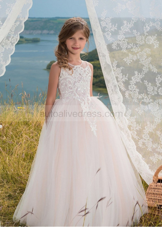 Ivory Lace Tulle Button Back Flower Girl Dress